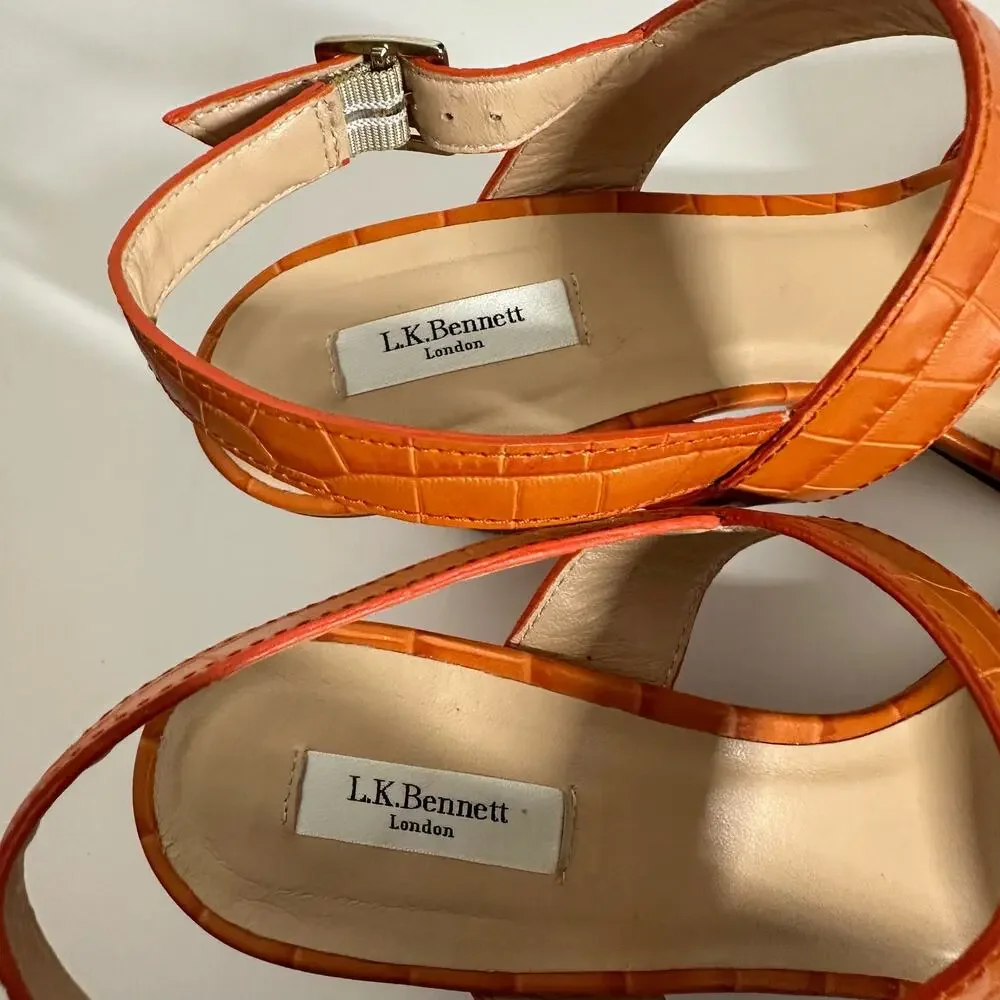 LK Bennett Women's Rhiannon Tangerine Crocodile Embossed Sandal Heels Size 40